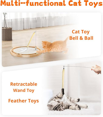 3-in-1 Cat Toys, Scratcher, Toys for Indoor Cats, Natural Sisal Scratching Board, Kitten Interactive with Ball Track &amp; Retractable Wand Toy &amp; Feather