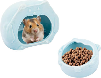 Bear-Shaped Hamster Hideout &amp; Food Bowl Set - Ceramic Habitat for Syrian Dwarf Hamsters, Mice, Gerbils - All-Season Use, Chew-Proof Ceramic House and Feeding Dish for Small Pets(Blue)