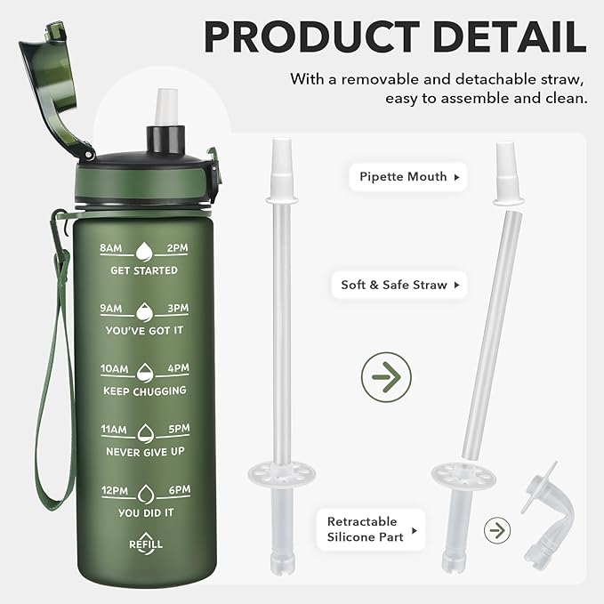 Enerbone Water Bottle, Leakproof BPA &amp; Toxic Free, Motivational Water Bottle with Times to Drink and Straw, Fitness Sports Water Bottle with Strap for Office, Gym, Outdoor Sports