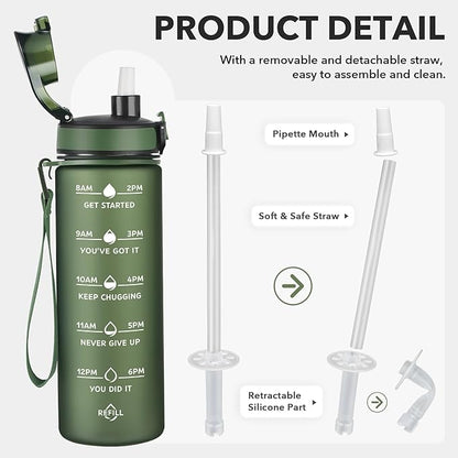 Enerbone Water Bottle, Leakproof BPA &amp; Toxic Free, Motivational Water Bottle with Times to Drink and Straw, Fitness Sports Water Bottle with Strap for Office, Gym, Outdoor Sports