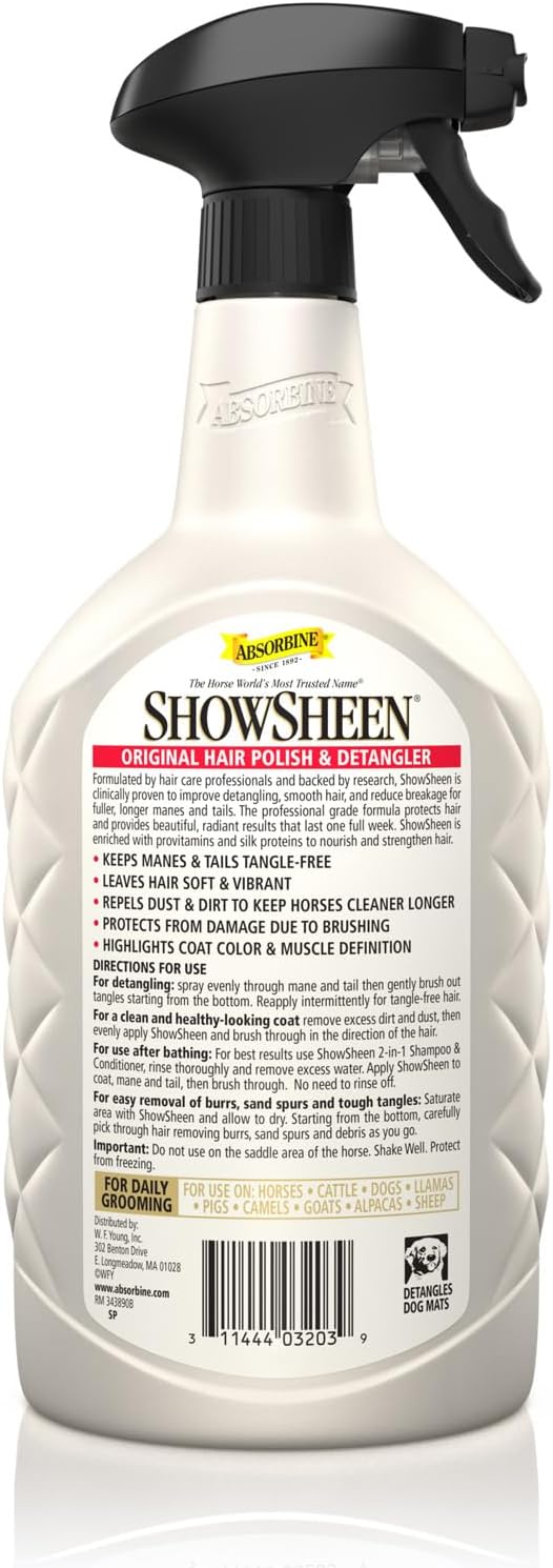 Absorbine ShowSheen Hair Polish &amp; Detangler 32oz Spray Bottle, Horse and Dog Coat, Mane and Tail, Instant Detangling &amp; Reduces Hair Breakage for Healthy Grooming &amp; Radiant Shine