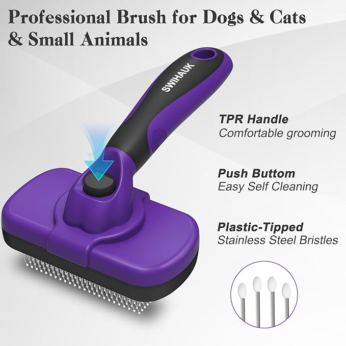 Swihauk Self Cleaning Slicker Brush for Dogs &amp; Cats, Skin Friendly Pet Grooming for Shedding, Deshedding, and Hair Removal - Puppy Brush for Long Haired Pets, Pet Supplies, Purple