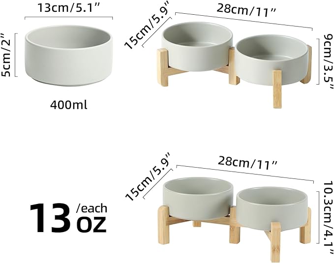 Ceramic Raised Double Bowls Set with Stand, 2 Heights Elevated, Food &amp; Water Bowls for Small Breed Dogs, Cats, Kitty, Weighted Dog Dishes, Pet Bowls(5.1&