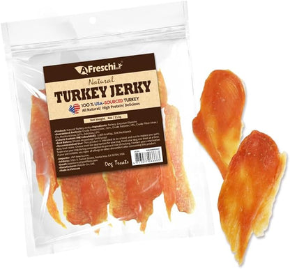 Afreschi Turkey Jerky Dog Treats – 4 oz, USA-Sourced Trukey, All-Natural, Hypoallergenic, High-Protein, Low-Fat, Healthy &amp; Easily Digestible, Puppy &amp; Training Snack