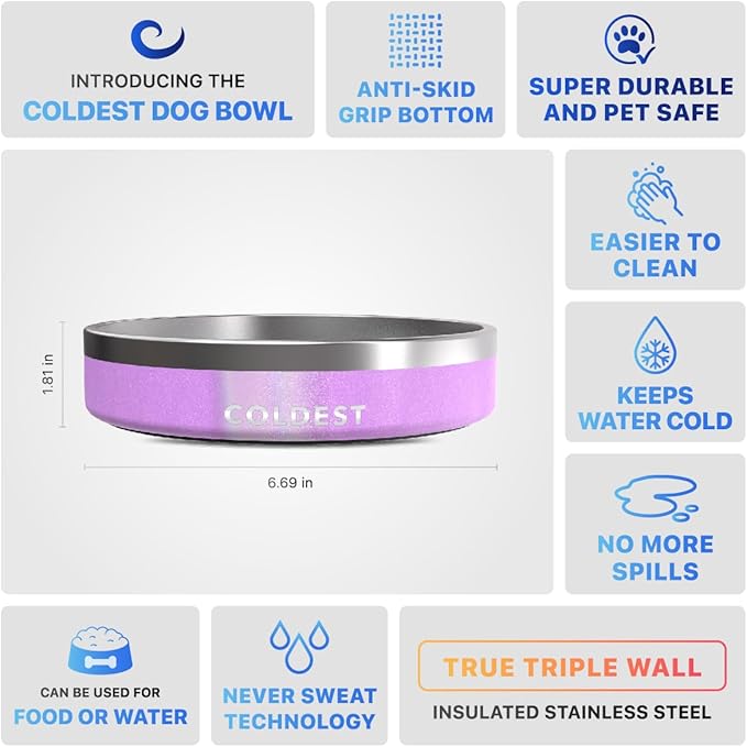 Coldest Dog Bowl - Anti Rust Metal, Non Slip, 3 Layers Insulated Stainless Steel Dog Bowls - Spill Proof &amp; Heavy Duty - Water Bowl for Dogs, Cats, Dish Washer Safe (21 oz,Saturn&