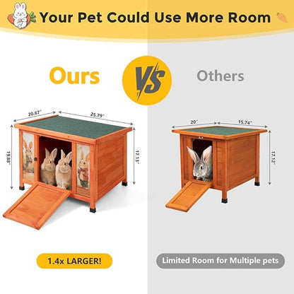COZIWOW 24in Wooden Cat House Outdoor &amp; Indoor Pet Shelter with Foldable Ramp - Weatherproof Rabbit Hutch with Unique Machine-Printed Art Designs for Cat, Rabbit, Guinea Pig (Orange)