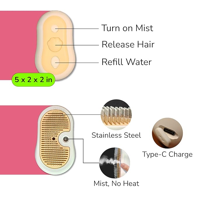 Misty - Moisturizing Pet Comb - Hair Brush with Mist, One-Click Clean, &amp; Stainless Steel Bristles - Anti-Static Deshedding - Smooth Grooming for Cats, Dogs, &amp; Small Pets - No Handle Compact Design