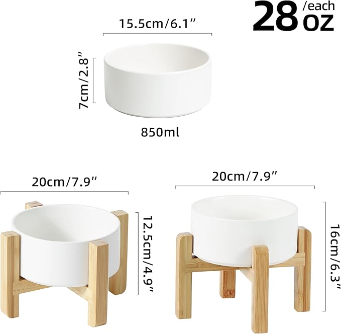 Ceramic Raised Dog and Cat Bowl Set, 2 Heights Elevated Stand, Food and Water Bowl for Small Breed Dogs, Weighted Dog Dishes, Pet Bowl(6.1&