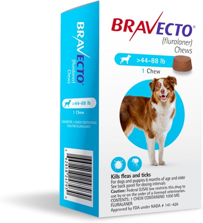 BRAVECTO Chew for Dogs, Flea &amp; Tick, 1 Chew, 12 Week Supply, >44-88 lbs., Blue Box
