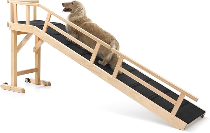 Dog Ramp for Bed or Couch, Wooden Pet Ramp with 20° Gentle Slope, Removable Side Rails, Non-Slip Surface, Top Platform &amp; Wheels, Safe Bed Ramp for Small, Medium &amp; Senior Dogs, 74" Long, Natural