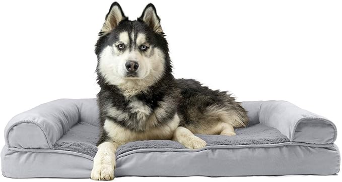 Furhaven Cooling Gel Dog Bed for Large Dogs w/ Removable Bolsters &amp; Washable Cover, For Dogs Up to 95 lbs - Plush &amp; Suede Sofa - Gray, Jumbo/XL