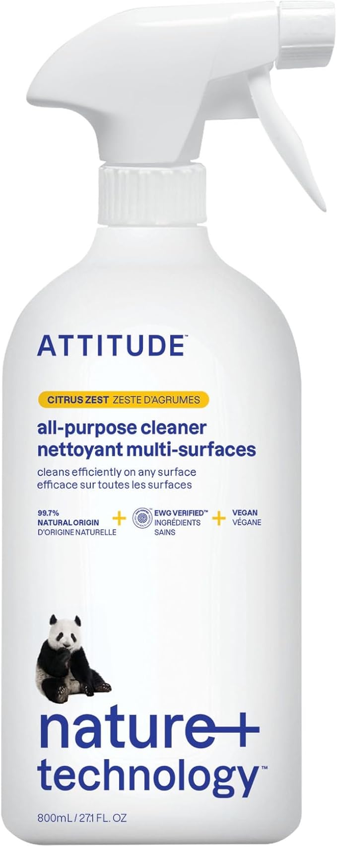 ATTITUDE All Purpose Cleaner Spray, EWG Verified, Vegan, Made with 94% Plant-Based Ingredients, Streak-Free for Kitchen, Bathroom, Glass &amp; More, Citrus Zest Scent, 27.1 Fl Oz