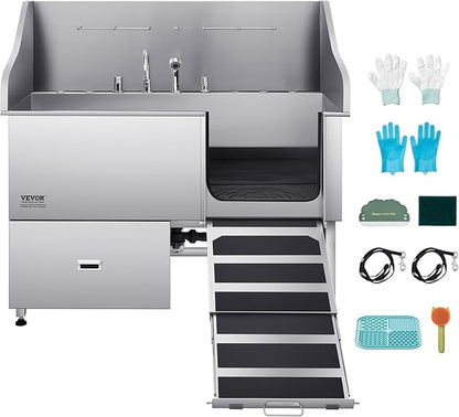 VEVOR Professional 304 Stainless Steel Dog Bathing Station, 61 inch Pet Grooming Tub w/Anti-Slip ramp, Storage Drawer, Cold Hot Faucet Showerhead for Large &amp; Medium &amp; Small (Right Door, with Drawer)