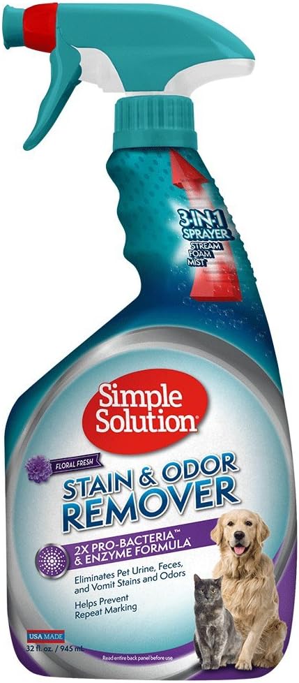 Simple Solution Stain and Odor Eliminator Spray for Dogs &amp; Cats, Enzyme Cleaner With 2X Pro-Bacteria Cleaning Power, Strong Smell Remover for Carpets, Upholstery &amp; Floors, Floral Fresh Scent, 32 oz