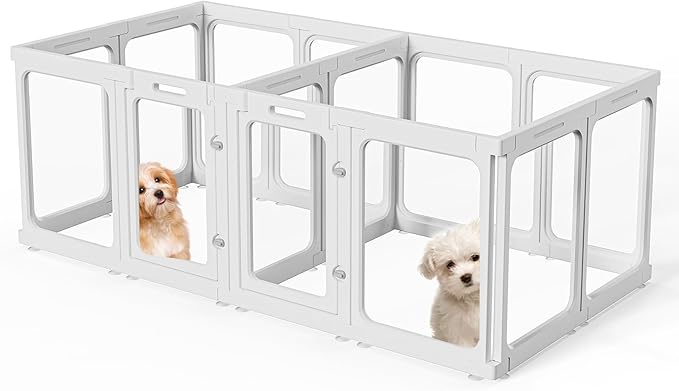 Clear Acrylic Dog Playpen with Door, for Puppy Cat Rabbit Transparent Pet Pen, Dog Playpen Indoor, Dog Fence, Easy Assemble &amp; Cleaning Dog Pen for Small &amp; Medium Dogs (23.6“ Height, 14PCS)