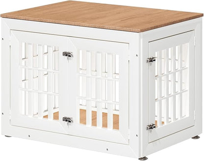 38" Heavy Duty Dog Crate Furniture for Small,Medium and Large Dogs,Rustic Wooden Dog Cage Kennel Indoor Furniture with Waterproof Top,Decorative Pet House Side End Table (White &amp; Wood)