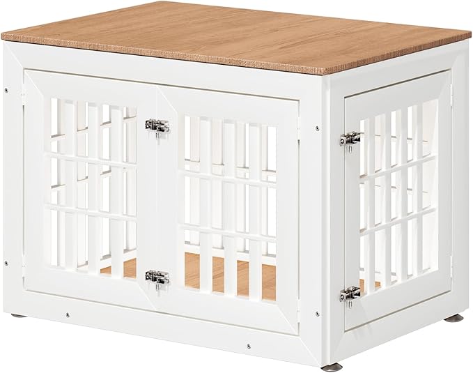 32" Heavy Duty Dog Crate Furniture for Small,Medium and Large Dogs,Rustic Wooden Dog Cage Kennel Indoor Furniture with Waterproof Top,Decorative Pet House Side End Table (White &amp; Wood)