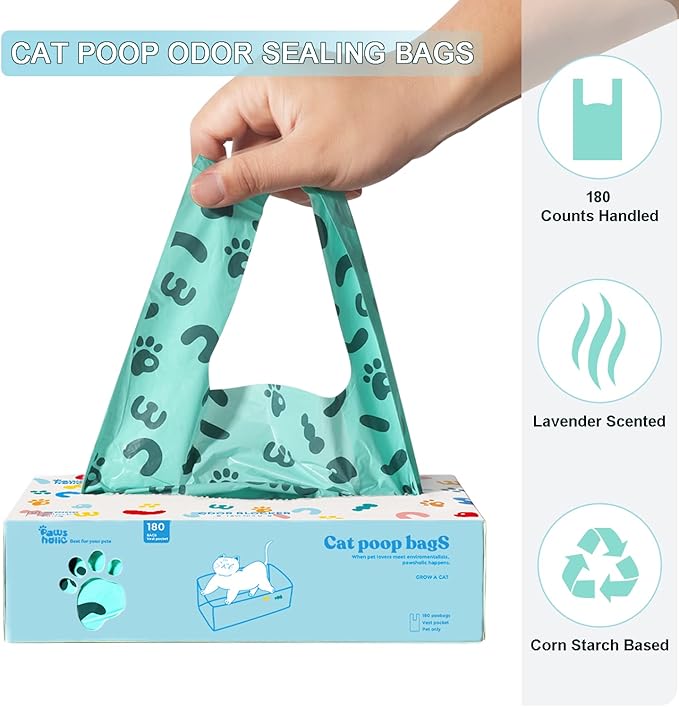 Cat Litter Bags and Dog Poop Bags with Handle, 180 Counts, Cornstarch Based Extra-Thick&amp;100% Leak Proof,Pet Waste Bag for Kitty and Doggie (Lavender Scented)