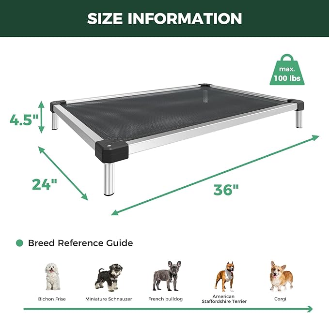 FXW TitanNest Chew-Proof Elevated Dog Bed, Raised Cot for Indoor/Outdoor/Camping Use, Durable &amp; Waterproof Cooling Pet Bed for Small Dogs, 36.0" L x 24.0" W x 4.5" H, Black