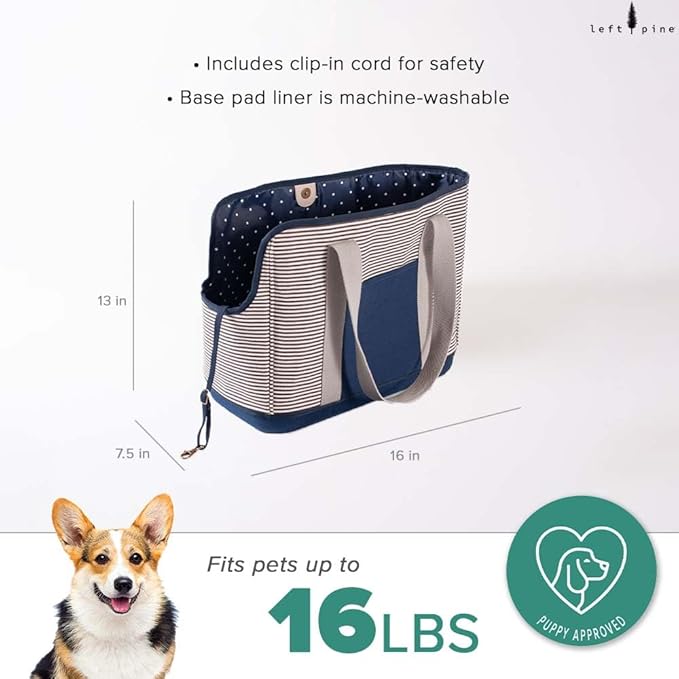 LeftPine x P.L.A.Y. Deluxe Dog Carrier Purse - Soft Sided Pet Travel Tote for Small Dogs &amp; Puppies up to 16 Pounds - Built-in Safety Leash, Machine Washable Liner, Exterior Pocket (Navy Striped)