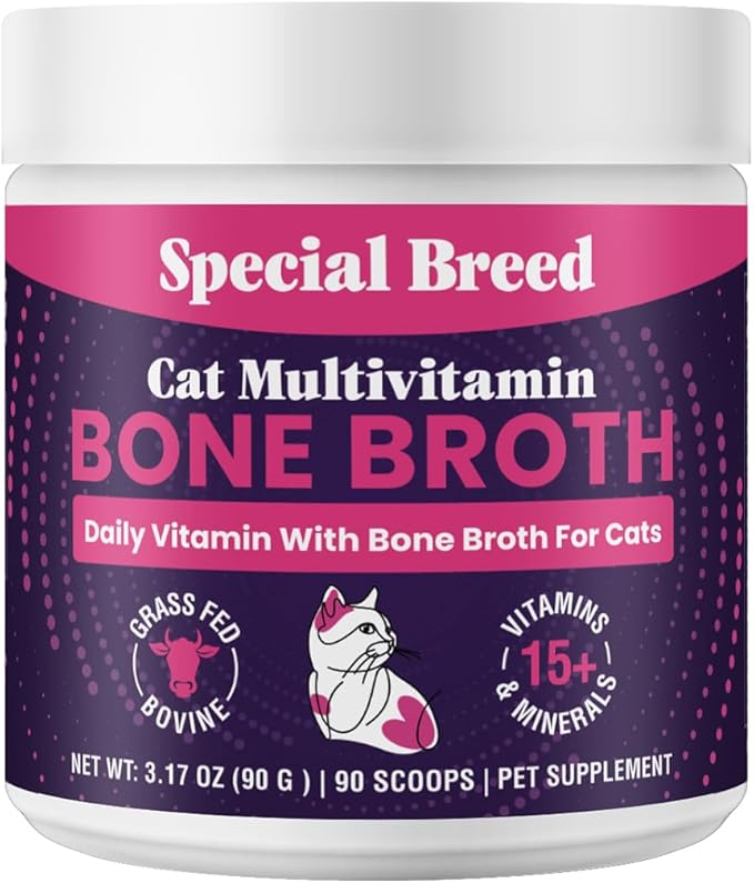 Cat Multivitamin with Grass-Fed Beef Bone Broth – Daily Supplement for Immune, Joint, Skin, Coat &amp; Gut Health – Omega 3s, Lysine, Beta Glucan, Vitamins A-E, C, D – 90 Day Supply – No Fillers
