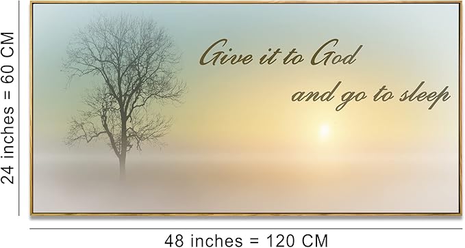 Lasdel Natural Extra Framed Wall Art of Misty Sunset &amp; Tree Plant Picture For Bedroom Home Above Bed,Large White Country Wood Sign For Bathroom,Give It To God &amp; Go to Sleep Artwork Decor,24x48