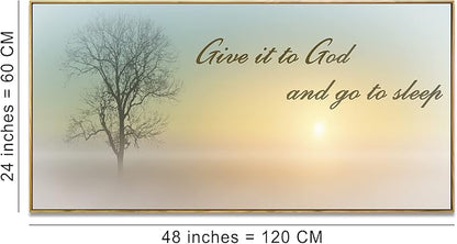 Lasdel Natural Extra Framed Wall Art of Misty Sunset &amp; Tree Plant Picture For Bedroom Home Above Bed,Large White Country Wood Sign For Bathroom,Give It To God &amp; Go to Sleep Artwork Decor,24x48