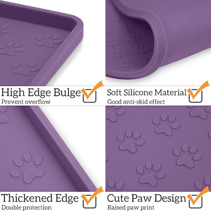 Ptlom Silicone Dog Food Mat Waterproof Pet Feeding Mat with High-Lips, Anti-Slip Dog Bowl Mat for Food &amp; Water, Non-Spill Puppy Feeding Tray for Small, Medium &amp; Large Dogs and Cats, Purple