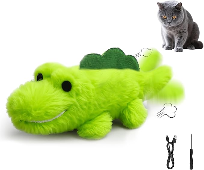 Interactive Cat Toys for Indoor Cats - Automatic Moving Cat Chase Toy for Bored Indoor Adult Cats - 360° Random Movement, Tail Wagging &amp; Catnip Stimulation - Electric Croc(Long Plush)