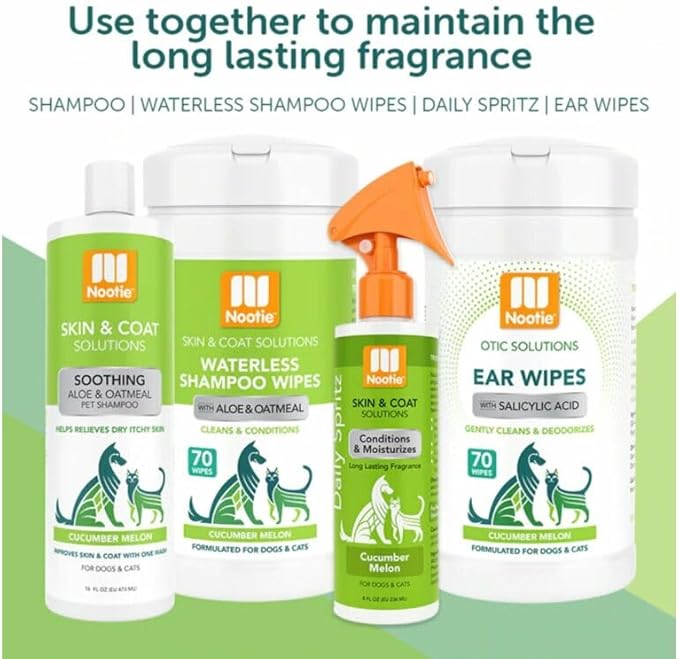 Nootie Waterless Shampoo Wipes for Dogs &amp; Cats - Long Lasting Cucumber Melon Fragrance - Sold in Over 10,000 Vet Clinics and Pet Stores Worldwide, Made in USA - 70 Count