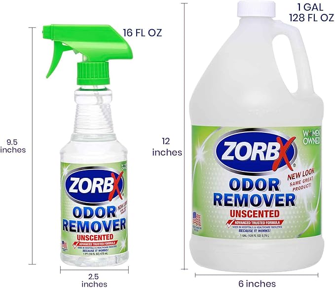 ZORBX Unscented Odor Eliminator for Strong Odor 16 Oz + 128 Oz - Used in Hospitals &amp; Healthcare Facilities - Advanced Trusted Formula, Fast-Acting Odor Remover Spray for Dog, Cat, House &amp; Carpet
