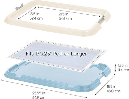 IRIS USA Pee Pad Holder - For Small Sized Dog and Puppy Pee Pads, Secured Latches, Non-Skid Feet, High Polish Finish for Easy Cleaning, Leak Protection, Fits 17"x23" Pad, Blue