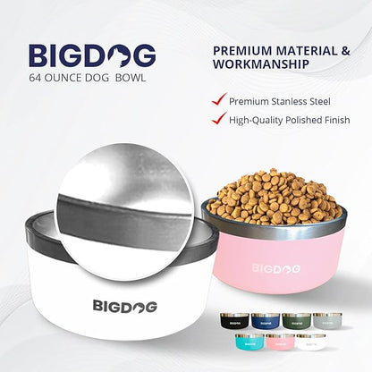 BIGDOG Dog Bowls, Large Dog Bowls, Stainless Steel, No Spill, 64 Ounce, White