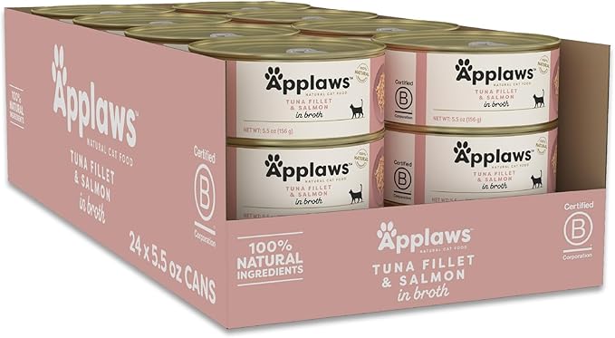 Applaws Natural Wet Cat Food in Broth, Limited Ingredient Canned Wet Cat Food, No Additives, Made with Natural Ingredients, Tuan Fillet &amp; Salmon in Broth (24 x 5.5oz Cans)