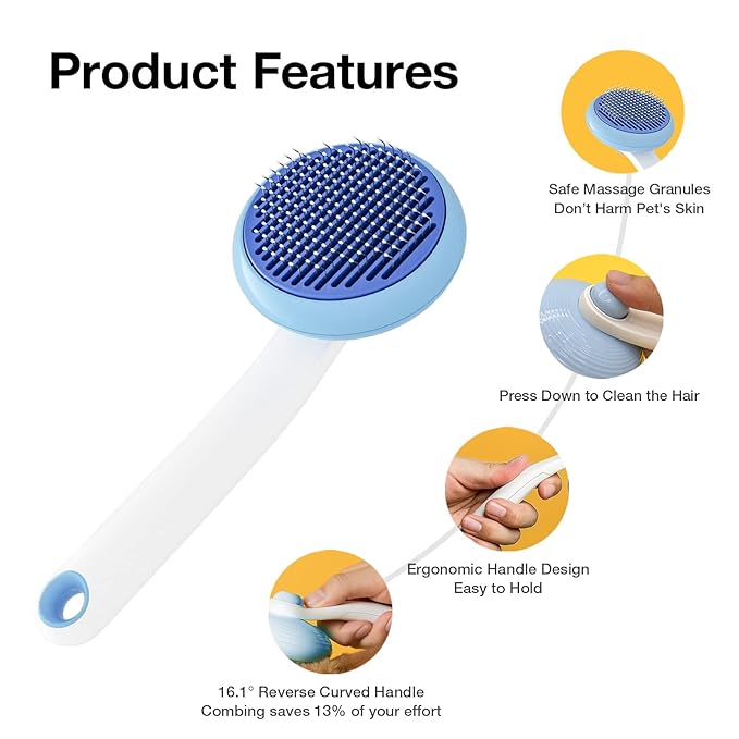 Self-Cleaning Slicker Brush for Pet Grooming: Removes Tangles, Loose Undercoat &amp; Mats from Cats &amp; Dogs (Blue)