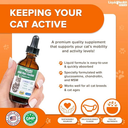 LIQUIDHEALTH Pets Liquid Cat Glucosamine Joint Purr-Fection - Hip &amp; Joint Health Relief Support, Chondroitin Feline Droppers for Senior Older Adult Cats &amp; Kittens - Made in The USA (2 oz)