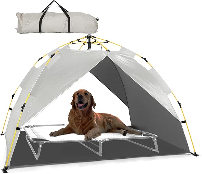 Canopy Shade Tent for Large XL XXL Jumbo Elevated Raised Dog Bed Cots, Quick Setup &amp; No Assembly Needed, Outside Outdoor Cooling Camping Pet Sun Umbrella, Gray 70"X55" (Cots Not Included)