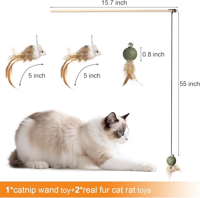 Cat Feather Toys with Catnip Ball, Feathers &amp; Bell - 2 Replaceable Mouse Heads, Elastic Rope &amp; Wooden Handle for Aggressive Kittens, Durable Bite-Proof Interactive Cat Teaser for Indoor Play