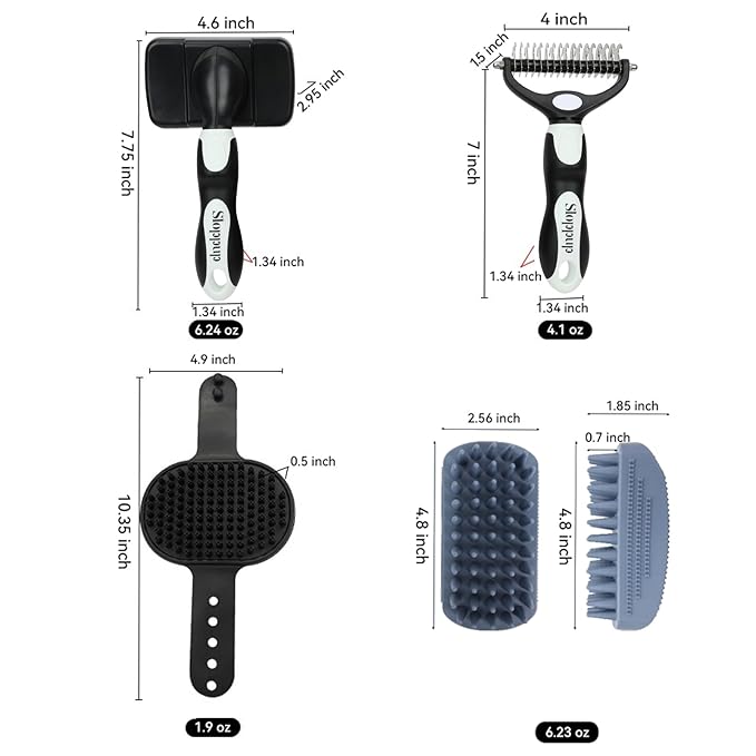 Dog Brush Kit for Grooming Short &amp; Long Haired Dogs &amp; Cats, 4-in-1 Pet Grooming Set with Self-Cleaning Slicker Brush, Deshedding Tool, Shampoo Bath Comb, Massge Comb (White Black)