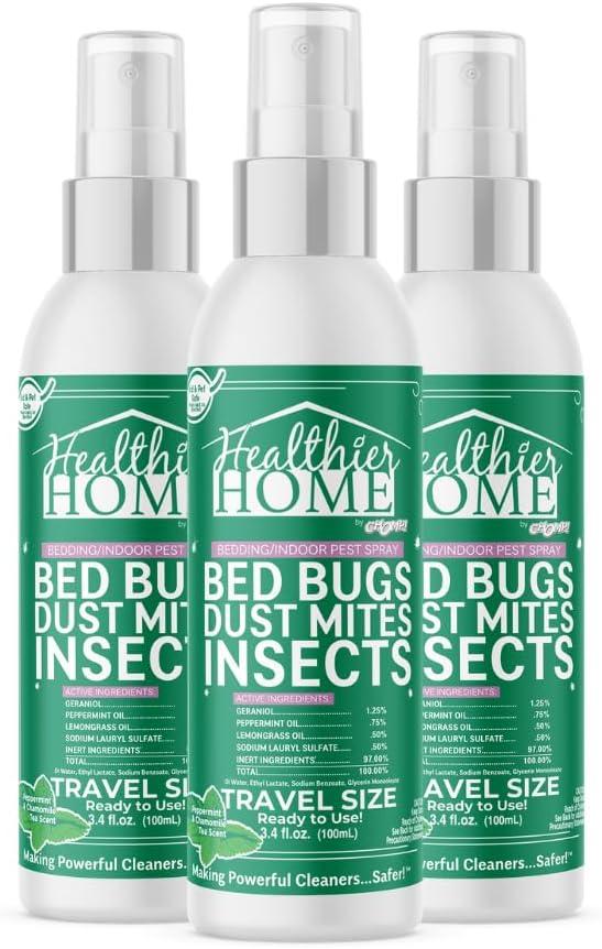 CHOMP! Bed Bug Spray, 3 Pack, Travel Size, Natural, Plant Based Bed Bug Killer, Insect &amp; Pest Control for Home and Hotels for Ants, Bed Bugs, Spiders, Dust Mites, Flys, Peppermint Scent, 3.4 Fl Oz