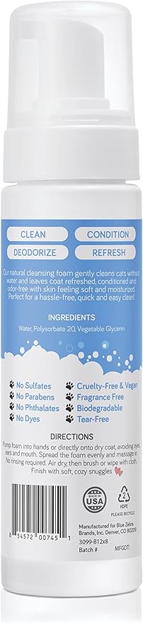 Waterless Foam Shampoo for Cats - No Rinse, Dry Shampoo for Cats - Eliminates Odors - Gentle &amp; Anti-Itch - Natural &amp; Hypoallergenic Waterless Cat Shampoo – Fragrance Free - 8 fl oz