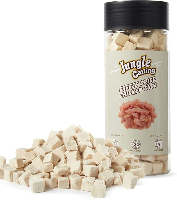 Jungle Calling Freeze-Dried Chicken Treats for Cats &amp; Dogs, Single Ingredient, Grain-Free, High Protein Training Rewards &amp; Food Topper (Chicken Cubes, 3.2 oz)