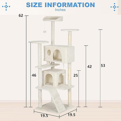 FDW Cat Tree Tower 62in Multi-Level Durable Cat Scratching Post &amp; Cozy Fun Jumping Platform Space Saving Condo Pet Play House for Indoor Cats, Beige