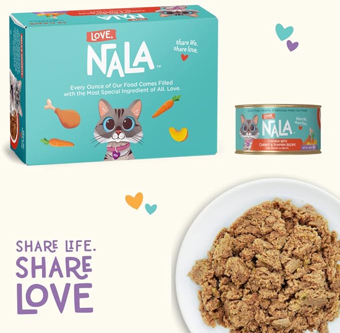 LOVE, NALA - Natural Adult Cat Wet Food - Pate Chicken with Carrot &amp; Pumpkin Recipe- Grain Free, Non-GMO, Lean Protein, Digestive Fiber Blend, Added Minerals &amp; Vitamins - 12 Pack 2.4 lbs.