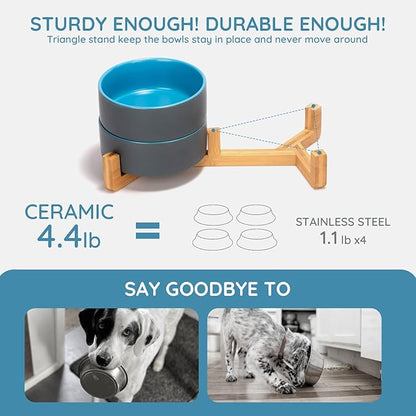 SPUNKYJUNKY Ceramic Dog and Cat Bowl Set with Wooden Stand, Modern Cute Weighted Food Water Set for Small Size Dogs (13.5OZ) &amp; Medium Sized Dogs (28.7OZ) &amp; Cats (3.6 Cups, 2 × Blue-Grey)