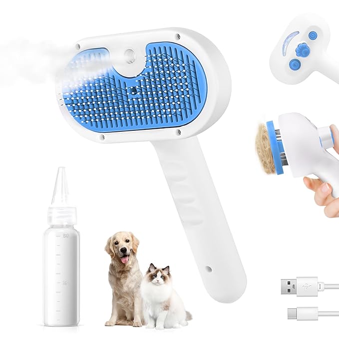 Pet Steam Brush for Dog &amp; Cat - 3-in-1 Steam Grooming Brush for Shedding &amp; Hair Removal - Self Cleaning Spray Comb with Mist for Long Haired Pets, Blue