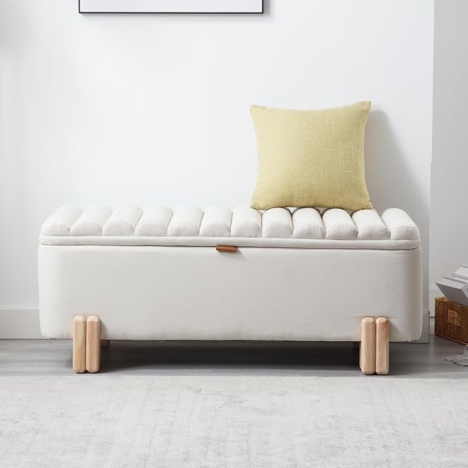 Kmax 45" Storage Bench Linen Entryway Bench Upholstered Ottoman Bench with Wavy Top &amp; Safty Hinge for Bedroom Living Room Hallway, Beige