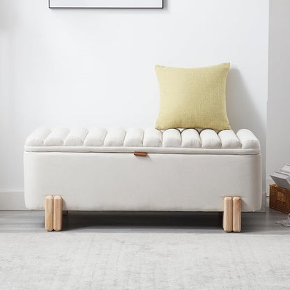 Kmax 45" Storage Bench Linen Entryway Bench Upholstered Ottoman Bench with Wavy Top &amp; Safty Hinge for Bedroom Living Room Hallway, Beige