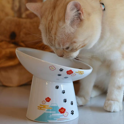 Necoichi Extra Wide Raised Cat Food Bowl, Elevated, Prevent Neck &amp; Whisker Fatigue, Dishwasher and Microwave Safe, No.1 Seller in Japan! (Fuji, Extra Wide Tilted)