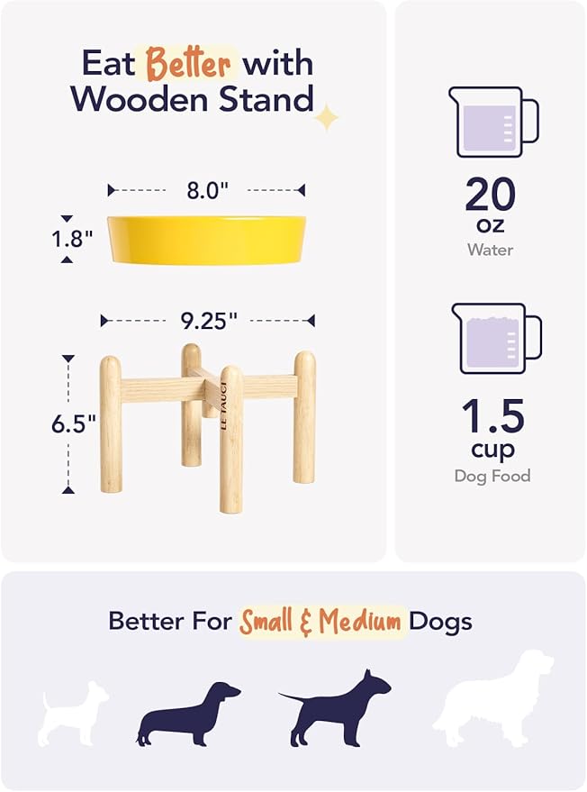 LE TAUCI Ceramic Slow Feeder Puzzle Bowl Elevated 1.5 Cup with Wooden Stand for Small &amp; Medium Dog, Fast Eater Food Bowl, Star Yellow